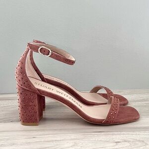 Stuart Weitzman Nearlynude Studded Suede Block Heel Sandals | Adobe | Size 6